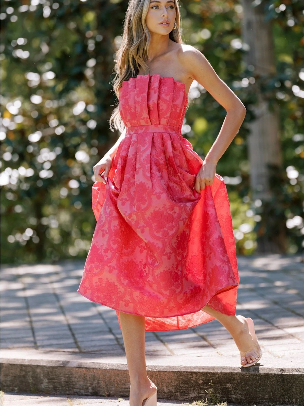 THE GENEVIEVE HOT PINK JACQUARD STRAPLESS MIDI DRESS from Red Dress - Picture 4 of 7